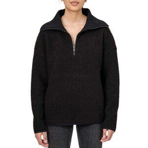 NEW ELLE Looped Fleece Sweater 1/4 Zip Pullover Pockets Collar Blk - L